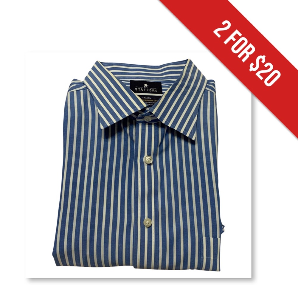Stafford  Blue and White Striped Travel Dress Shirt- 18 Neck/36-37